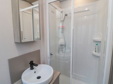 A bathroom with a round sink with a black faucet a mirrored cabinet and a shower cubicle with a showerhead and shampoo bottle at Dreams & Streams Bockenfield Country Park near West Thirston