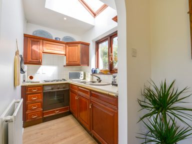 A kitchen with wooden cabinets a black oven a microwave a window and a green plant at Little Barton in Stogumber near Watchet
