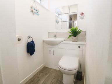 A small bathroom with a toilet a sink with cabinet a mirror and a plant on the counter at Beach Reach in Valley