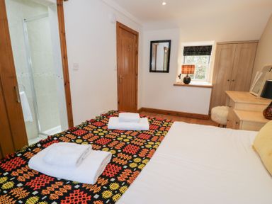 A bedroom with a bed and shower at Greffyn in Betws-Y-Coed