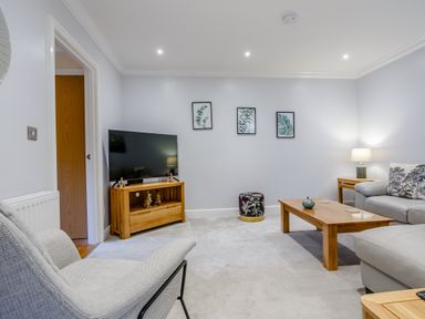 A living room with a gray armchair a wooden TV stand with a TV a wooden coffee table a gray sofa a lamp and three botanical prints on the wall at Jasmine Cottage in Mickleton Gloucestershire