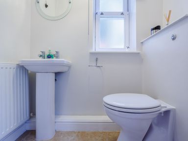 A bathroom with a toilet a pedestal sink a radiator and a frosted window at Jasmine Cottage in Mickleton Gloucestershire