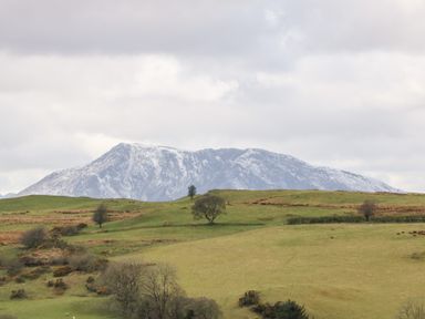 A grassy hillside with scattered trees and snow covered mountains in the background at Orsedd Wen Farmhouse in Betws Y Coed