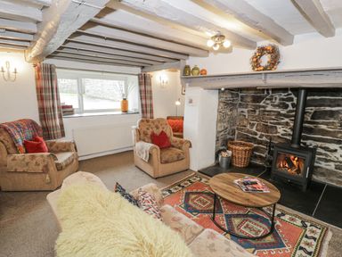 A living room with a wood stove and seating area at Orsedd Wen Farmhouse in Betws-Y-Coed