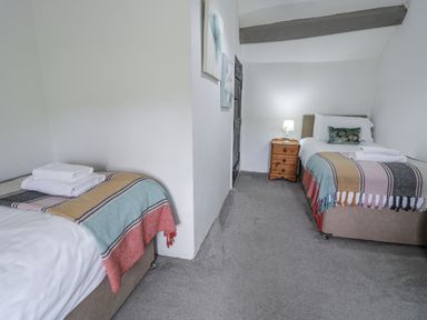 A bedroom with two single beds and a nightstand at Orsedd Wen Farmhouse Betws-Y-Coed