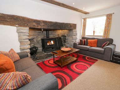 A living room with a wood stove and seating area at Cwm in Capel Curig