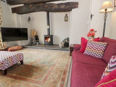 A living room with a fireplace and sofa at Cwm in Capel Curig