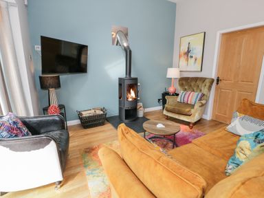 A living room with a television and stove at Pengwern Bach in Llanrwst