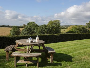 A wooden picnic table with cups teapot and milk bottle in a grassy garden with trees and fields at Overbrook in Salwarpe near Droitwich Spa