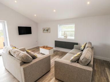 A living room with two gray sofas and a wall-mounted television at Caban Y Mor in Amroth near Saundersfoot