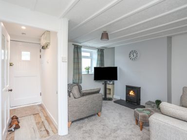 A living room with a TV on a stand a fireplace two armchairs and a small ottoman at Oscars Pad in Brynsiencyn