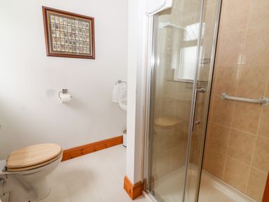 A bathroom with a toilet with a wooden seat a glass shower enclosure and a framed picture on the wall at 17 Clover Hill in Killorglin County Kerry