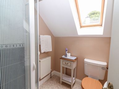 A small bathroom with a shower, toilet with wooden seat, towel rack, and a small table under a skylight window at 17 Clover Hill in Killorglin County Kerry