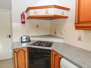 A kitchen corner with electric stove toaster fire extinguisher and wooden cabinets at Catkin Cottage Akeld near Wooler