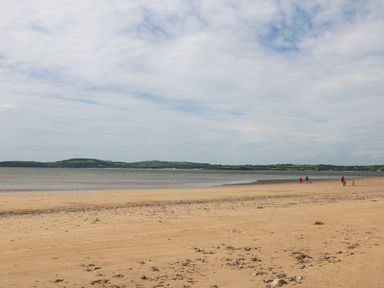 A sandy beach with a few people walking near the shoreline and hills in the distance at Lane Cottage Ballycullane County Wexford