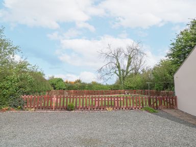 A fenced grassy yard with a gravel area and trees in the background at Lane Cottage in Ballycullane County Wexford