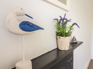 A bird decoration and plant on a mantel at 5 Porkington Terrace Barmouth