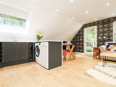 A kitchen and dining area with grey cabinets a washing machine a dishwasher a dining table with chairs and a sofa at Robins Nest at The Shire Inn in Killivose near Camborne
