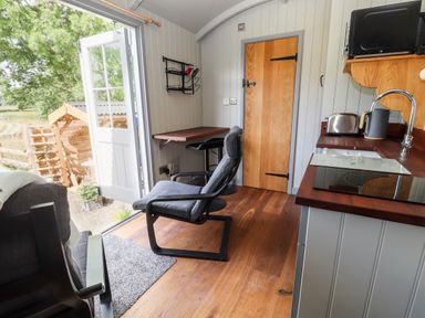 A small kitchen area with a wooden countertop and sink a table with two chairs and an open door leading outside at The Moorhen Retreat in Nantmawr near Trefonen