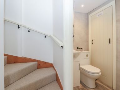 A bathroom with a sink and toilet at Wrens Nest in Slapton