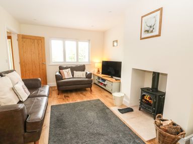 A sitting room with two leather sofas a wood burning stove a television on a stand and a basket of firewood at Tawny Cottage Fulbrook near Burford