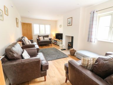 A living room with brown leather sofas a gray rug a wood stove and a television at Tawny Cottage in Fulbrook near Burford