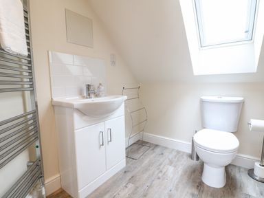 A bathroom with a toilet a sink with cabinet a towel radiator and a skylight window at Tawny Cottage in Fulbrook near Burford