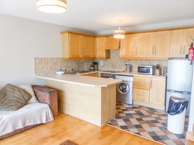 A kitchen with wooden cabinets appliances and a sofa with cushions at Apartment One in Duncannon County Wexford