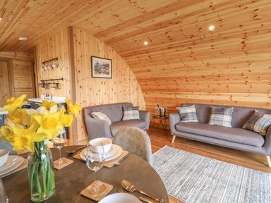 A living room with wooden walls two grey sofas a dining table set with plates and yellow flowers at Bluebell St Harmon near Rhayader
