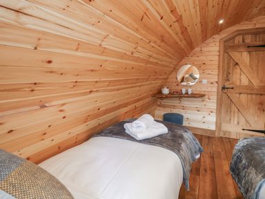 A bedroom with two single beds wooden walls wooden door and a small round mirror at Bluebell in St Harmon near Rhayader