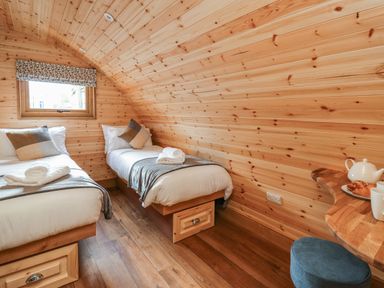 A bedroom with two single beds with white bedding and pillows in a wooden paneled room at Bluebell in St Harmon near Rhayader