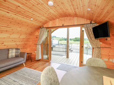 An interior with wooden walls and ceiling a sofa a table chairs a wall mounted television and glass doors opening to an outdoor area at Bluebell in St Harmon near Rhayader
