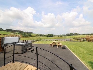 An outdoor space with a hot tub bench picnic table and fire pit overlooking a grassy field and trees at Bluebell in St Harmon near Rhayader