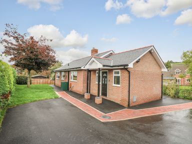 A single story brick house with a black door and windows next to a paved driveway and a lawn with a tree at Ger Yr Afon Cottage in St Harmon near Rhayader