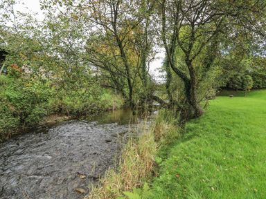 A grassy area with trees alongside a flowing stream at Ger Yr Afon Cottage in St Harmon near Rhayader