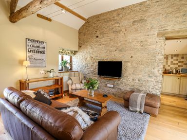 A living room with a brown leather sofa a striped armchair a wooden coffee table and a wall-mounted TV at Golwg Las in Pumsaint near Lampeter