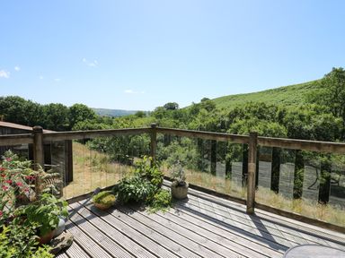 A wooden deck with potted plants and glass railing overlooking a green landscape at Golwg Las Pumsaint near Lampeter