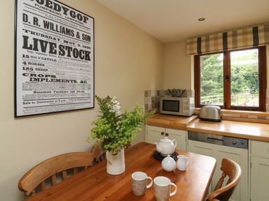 A kitchen dining area with wooden table and chairs teapot and cups on the table microwave and toaster on countertop window with view outside at Nant Glas Pumpsaint near Lampeter