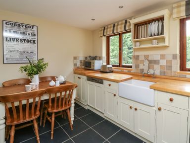 A kitchen with a wooden table and chairs and white cabinets with a sink and appliances at Nant Glas Pumpsaint near Lampeter
