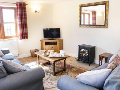 A living room with blue sofas a wooden coffee table a television a small stove and a window with red plaid curtains at The Cider House in Leominster