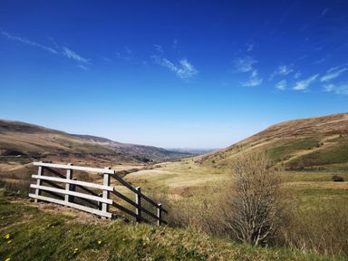 A valley with grassy hills and a wooden gate under a blue sky at Kooky Cottage in Brecon