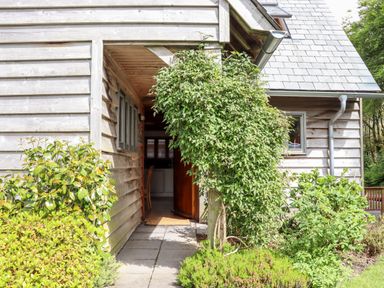 The entrance to a wooden house with plants and bushes around the pathway at Bybrook Lodge in Davidstow near Camelford