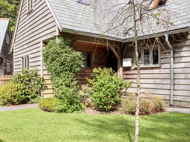 An exterior view of a wooden house with a porch surrounded by bushes and grass at Bybrook Lodge Davidstow near Camelford