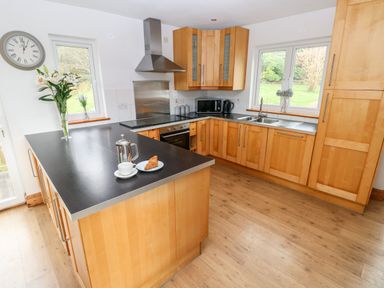 A kitchen with wooden cabinets black countertops a stainless steel oven and hood two windows and a kitchen island with flowers a coffee pot and cup at The Dingle Wisemans Bridge near Stepaside