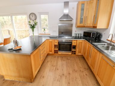 A kitchen with wooden cabinets black countertops an oven a microwave a sink and flowers on a counter at The Dingle in Wisemans Bridge near Stepaside