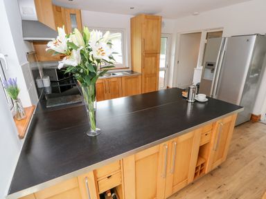 A kitchen with wooden cabinets a black countertop flowers in a vase and stainless steel appliances at The Dingle in Wisemans Bridge near Stepaside
