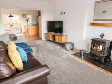 A living room with a leather sofa yellow and blue cushions a fireplace tv and a view into a dining room and kitchen at The Dingle in Wisemans Bridge near Stepaside