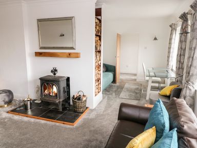 A living room with a wood burning stove and a glass table at The Dingle in Wisemans Bridge near Stepaside