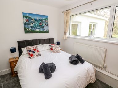 A bedroom with a bed with white bedding and patterned pillows a wooden nightstand with a lamp a window with curtains and a radiator below at The Dingle in Wisemans Bridge near Stepaside