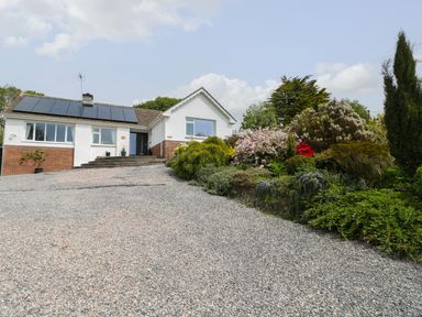 A house with solar panels on the roof and a gravel driveway with plants and bushes at The Dingle in Wisemans Bridge near Stepaside